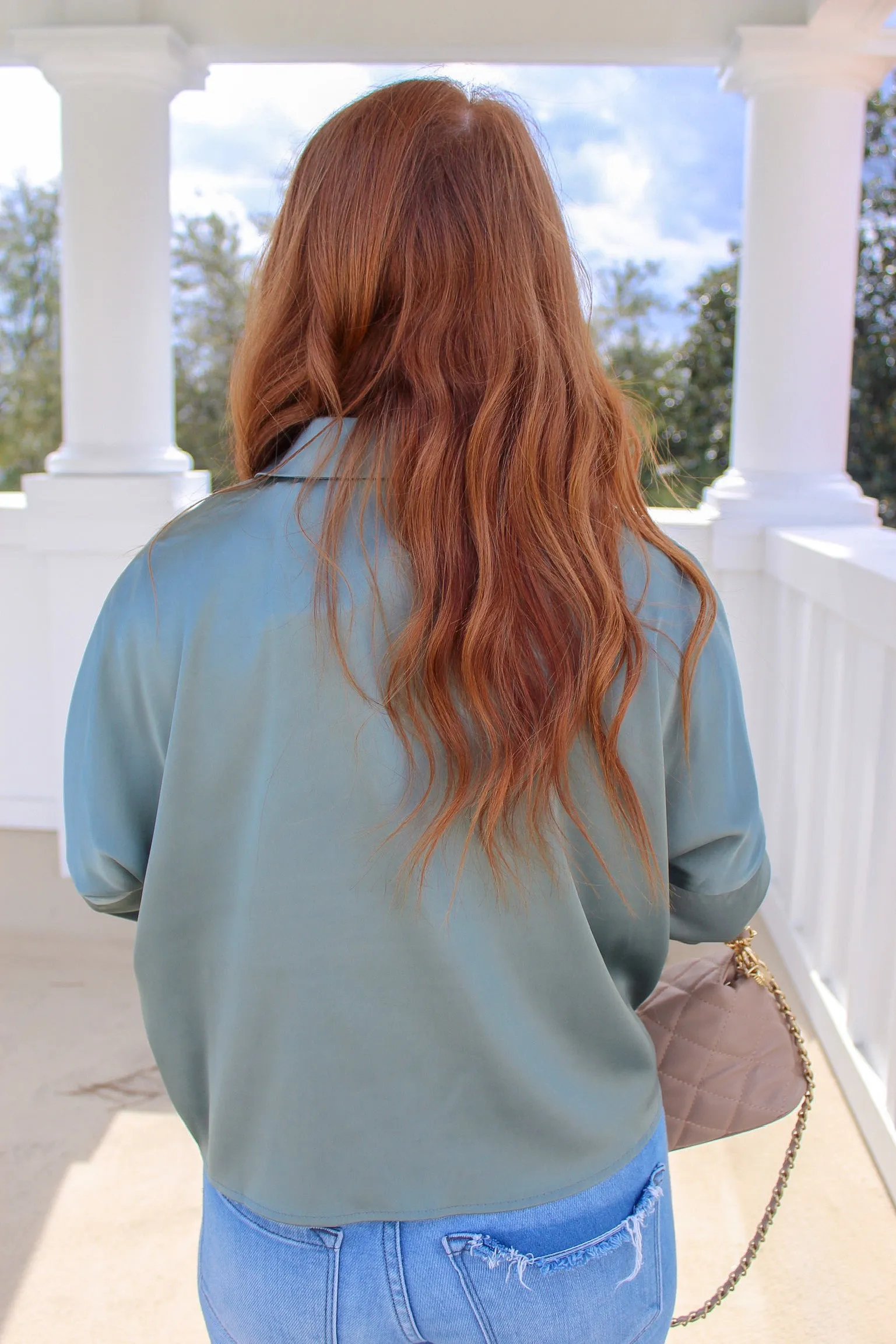 Anders Satin Cropped Button Down Top- Jade