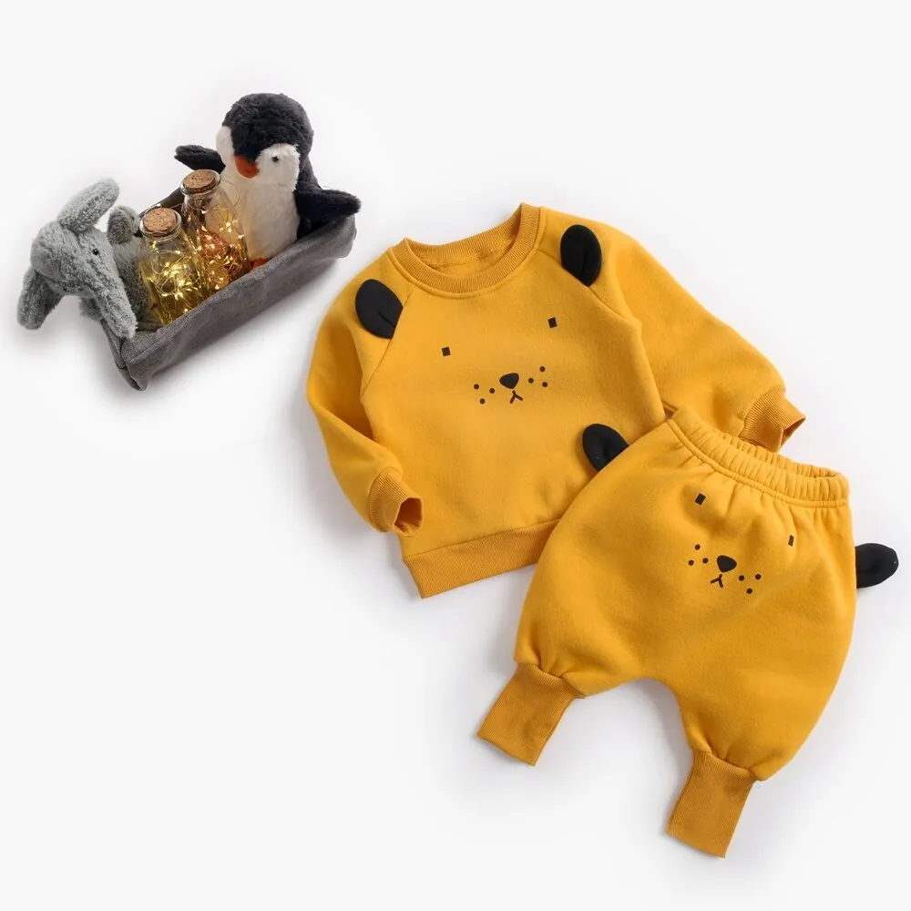 Animal Printed 2Pcs Casual Warm Baby Clothes Sets Tops   Pants