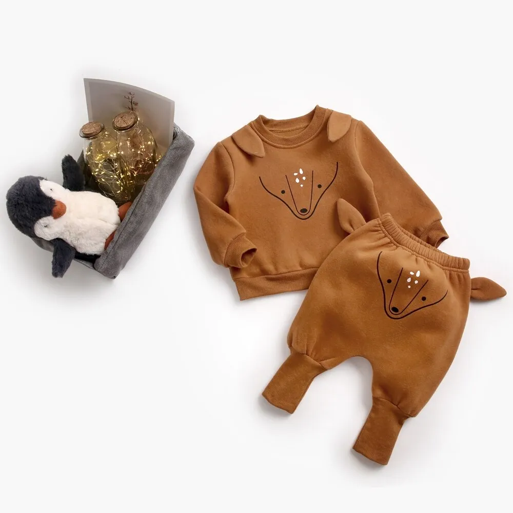 Animal Printed 2Pcs Casual Warm Baby Clothes Sets Tops   Pants