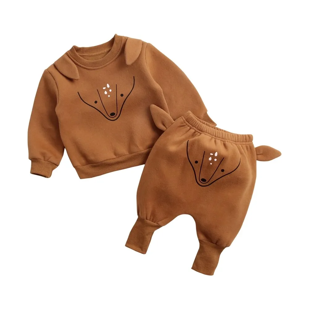 Animal Printed 2Pcs Casual Warm Baby Clothes Sets Tops   Pants