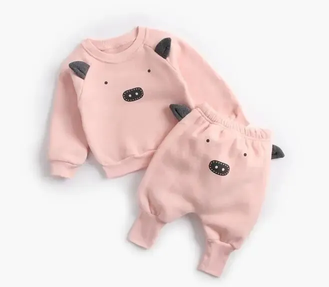 Animal Printed 2Pcs Casual Warm Baby Clothes Sets Tops   Pants