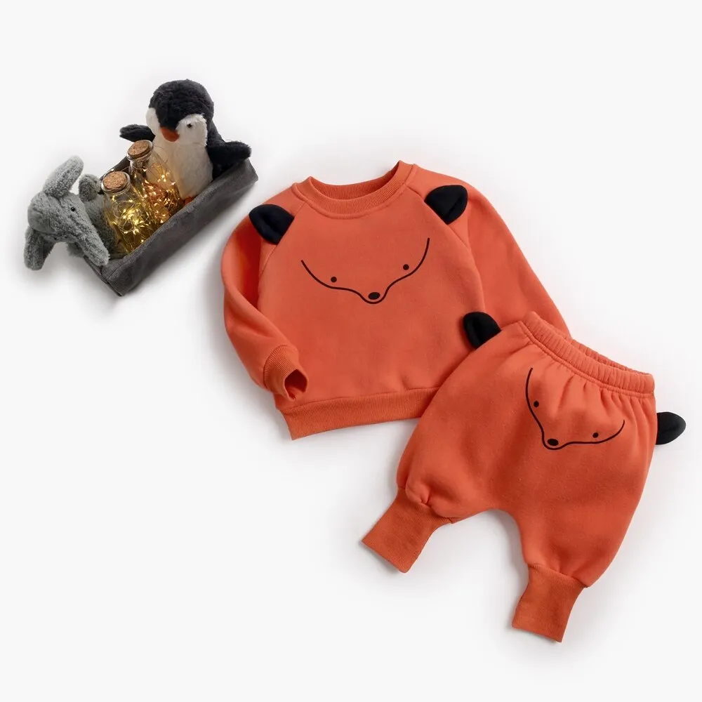 Animal Printed 2Pcs Casual Warm Baby Clothes Sets Tops   Pants