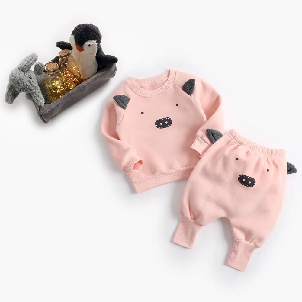 Animal Printed 2Pcs Casual Warm Baby Clothes Sets Tops   Pants