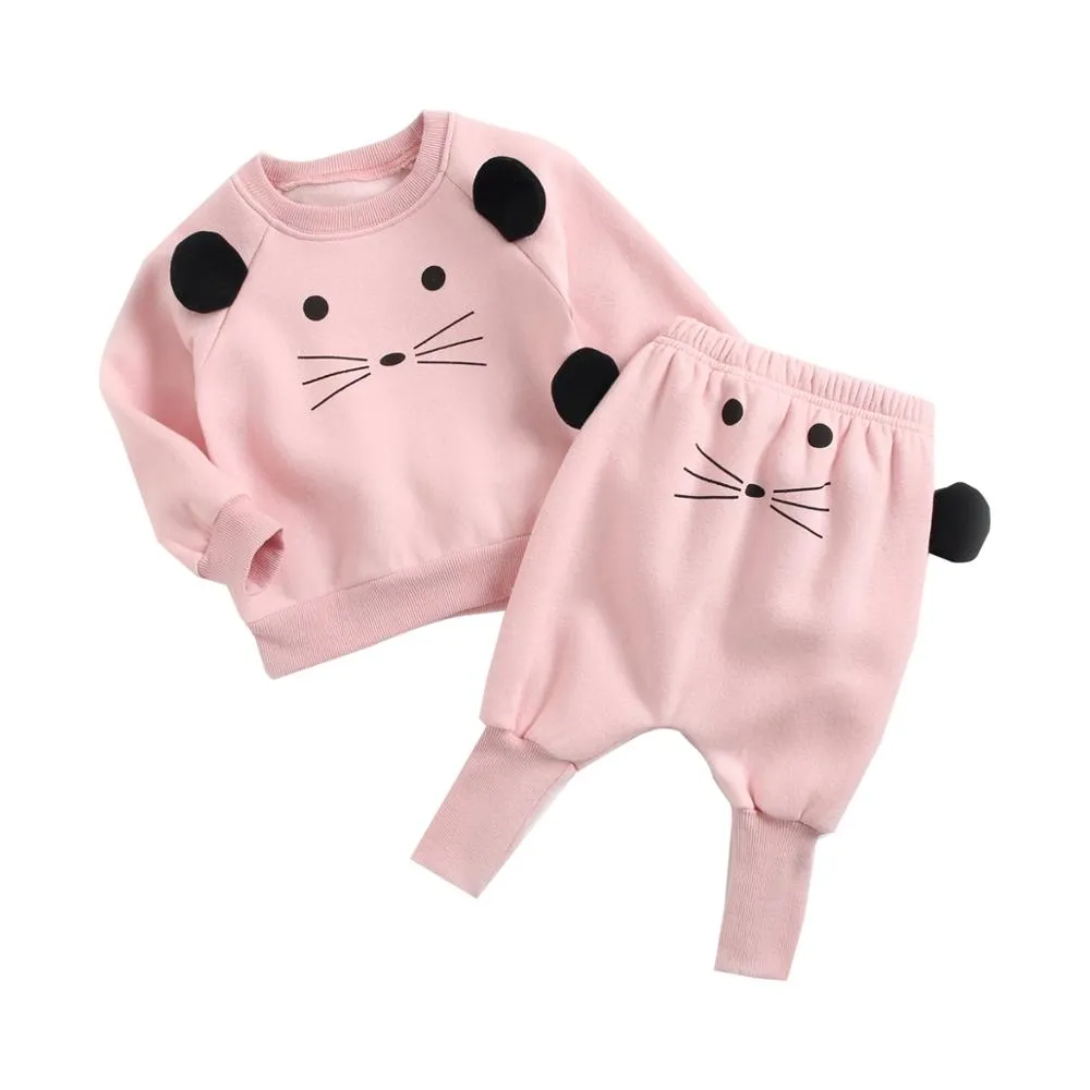 Animal Printed 2Pcs Casual Warm Baby Clothes Sets Tops   Pants