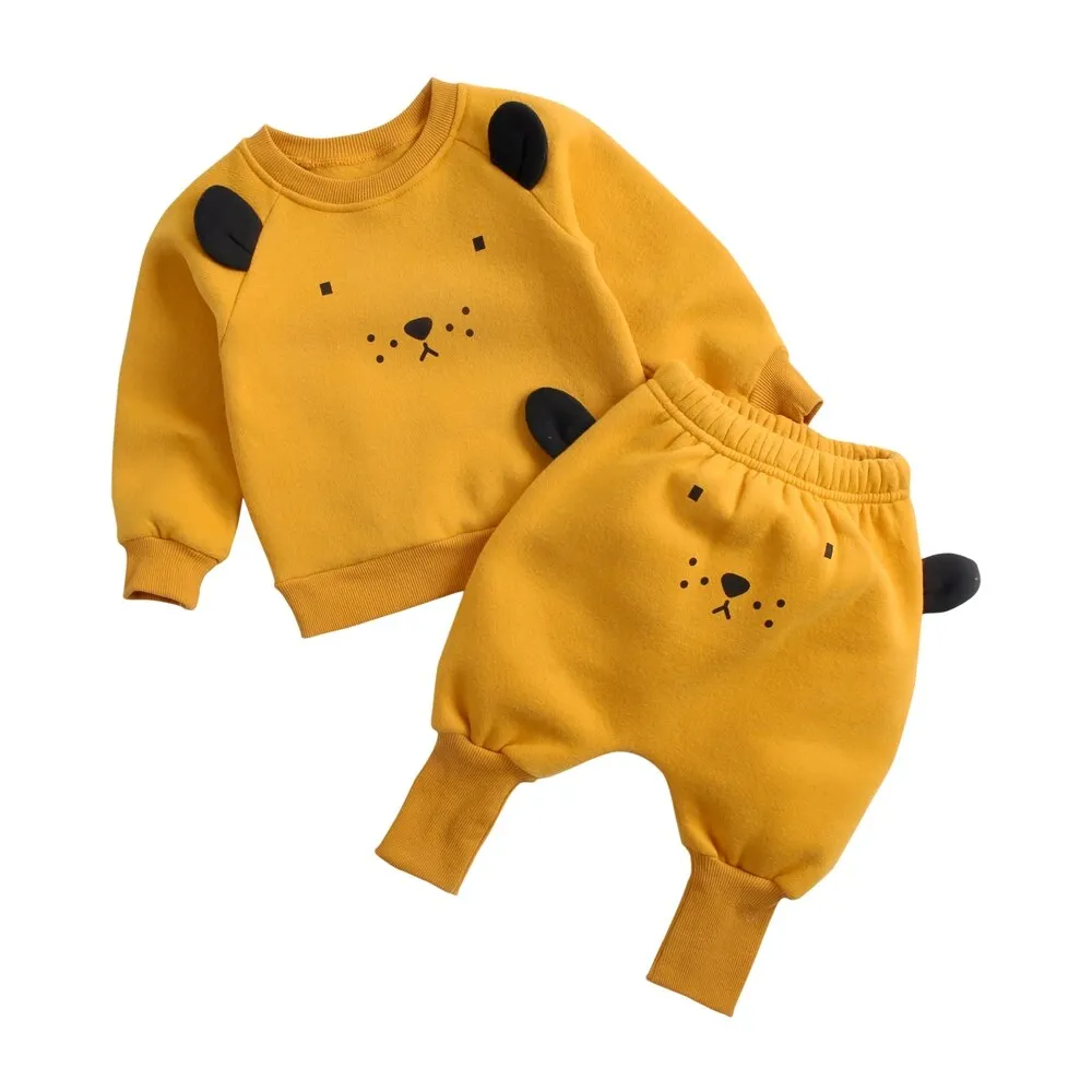Animal Printed 2Pcs Casual Warm Baby Clothes Sets Tops   Pants