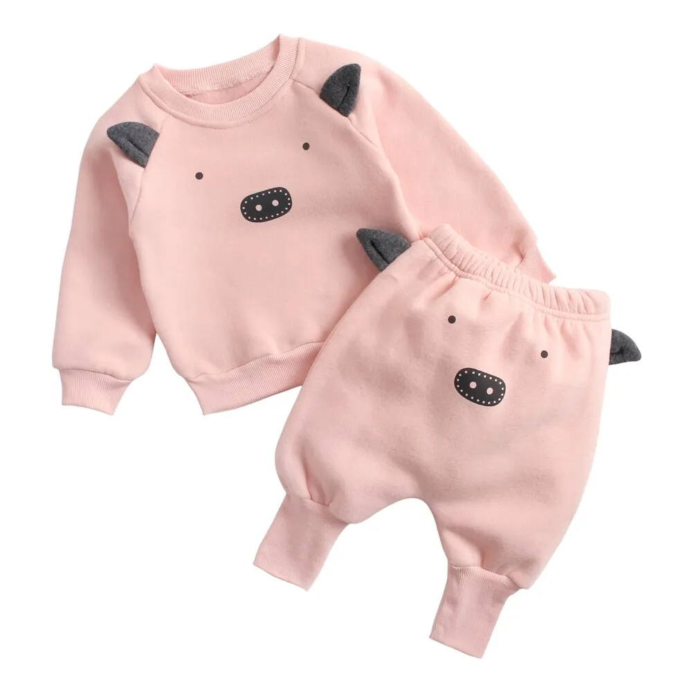 Animal Printed 2Pcs Casual Warm Baby Clothes Sets Tops   Pants