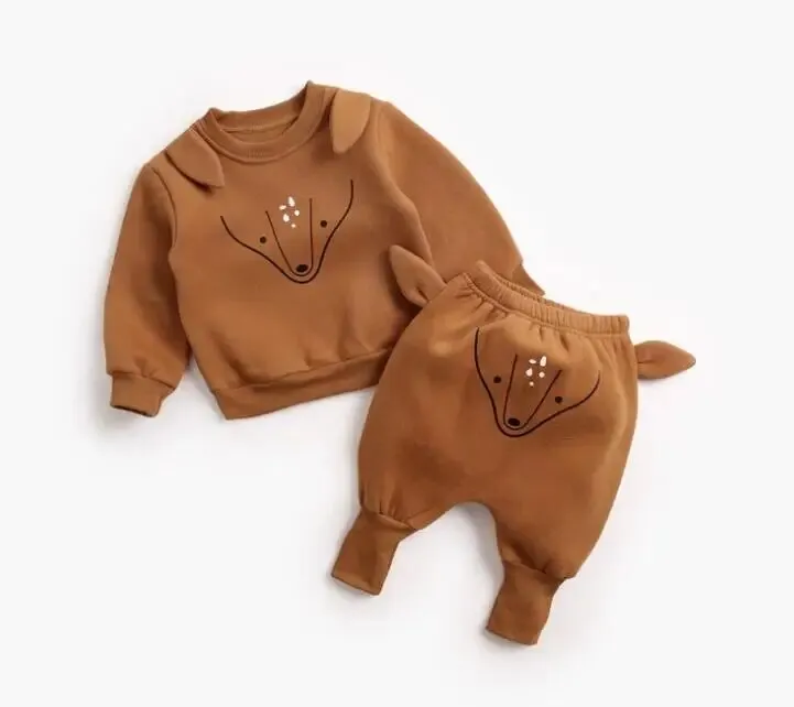 Animal Printed 2Pcs Casual Warm Baby Clothes Sets Tops   Pants