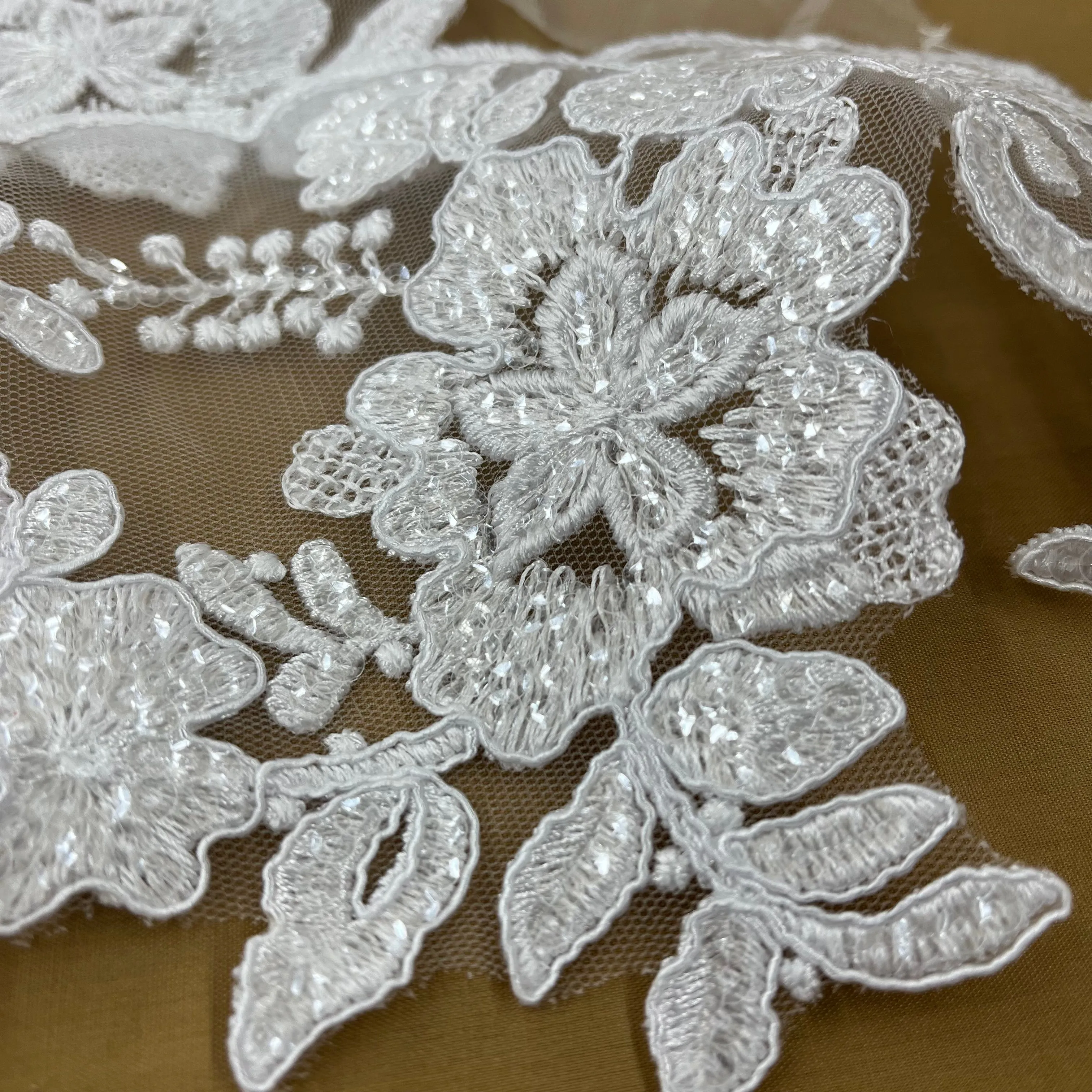 Beaded & Corded Floral Lace Trimming Embroidered on 100% Polyester Net Mesh | Lace USA - 97217W-SB