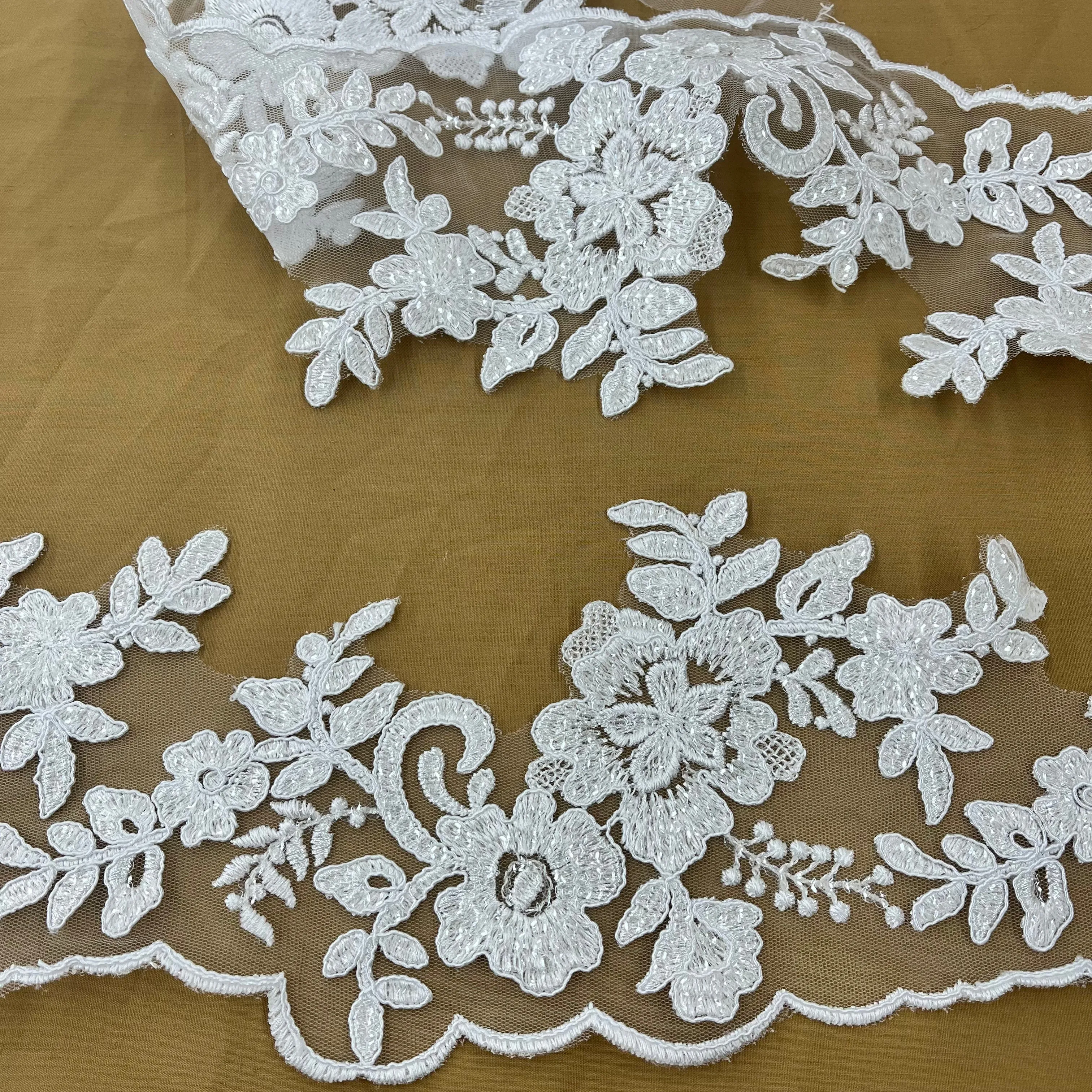 Beaded & Corded Floral Lace Trimming Embroidered on 100% Polyester Net Mesh | Lace USA - 97217W-SB
