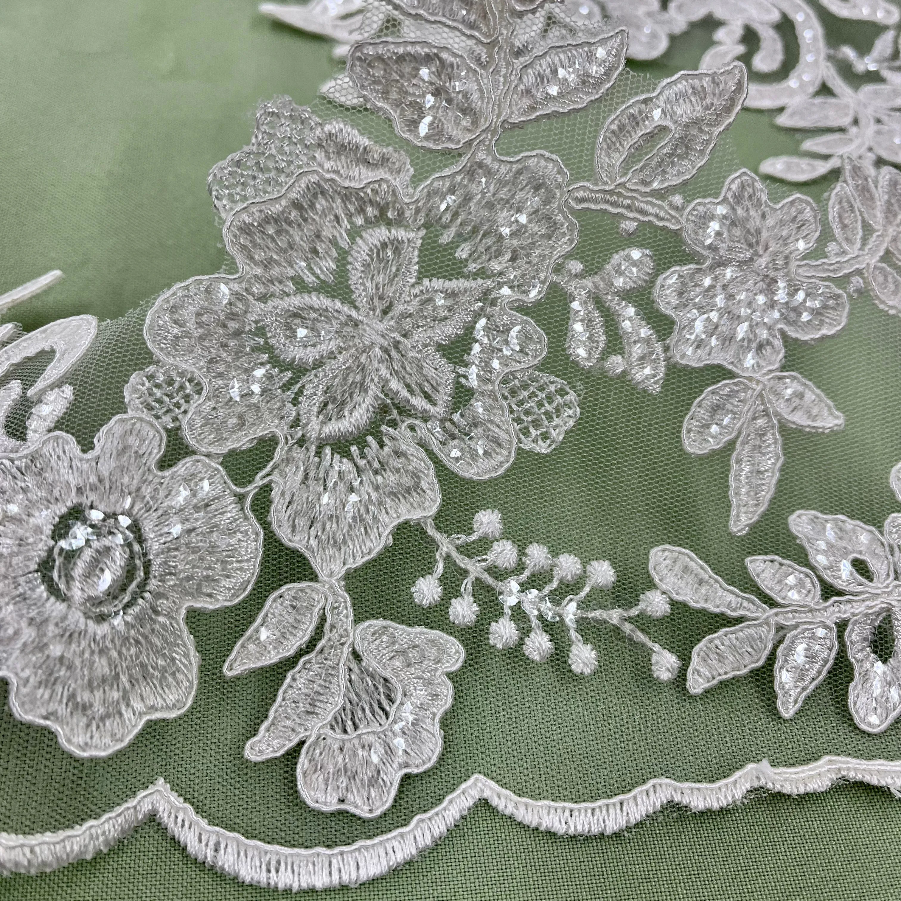 Beaded & Corded Floral Lace Trimming Embroidered on 100% Polyester Net Mesh | Lace USA - 97217W-SB