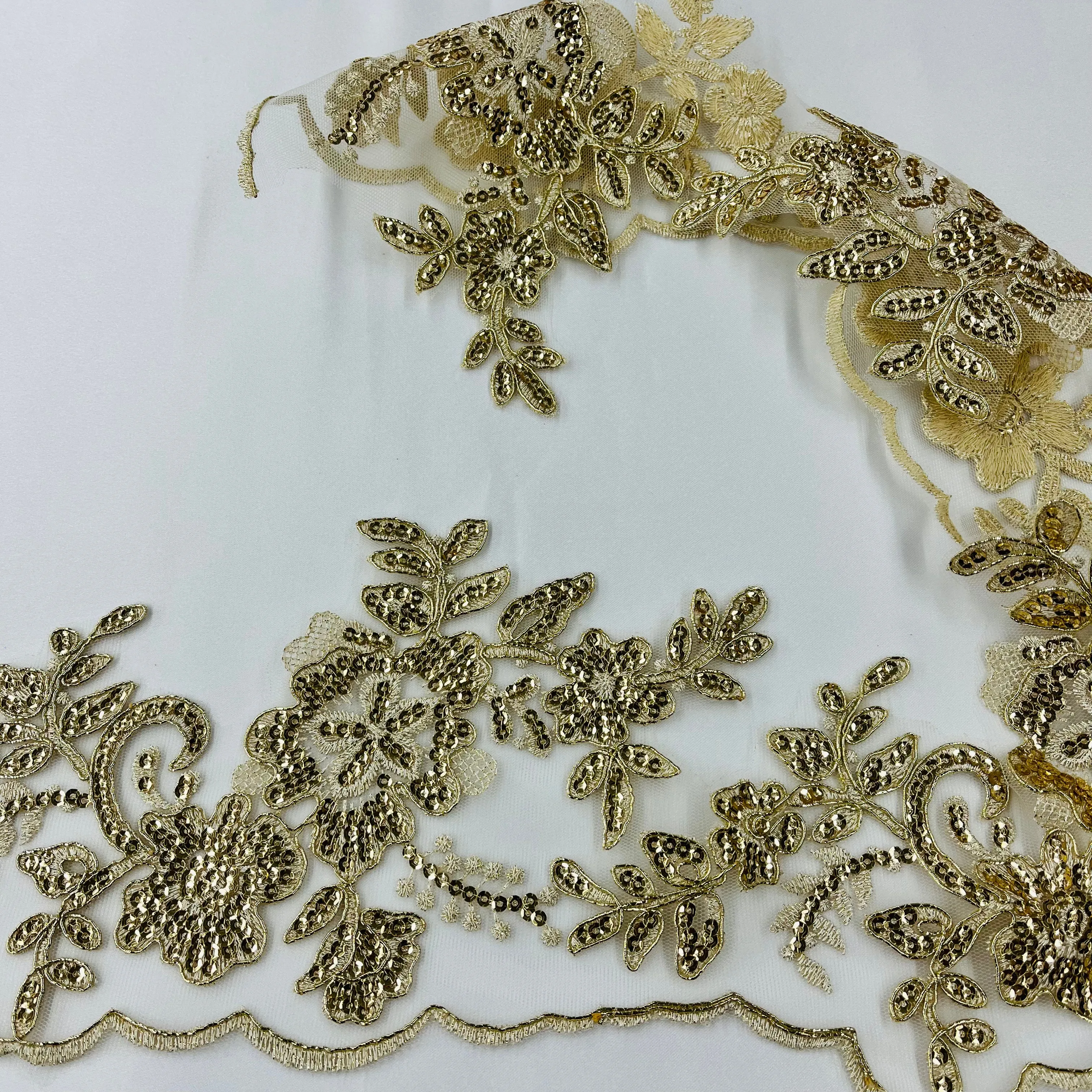 Beaded & Corded Floral Lace Trimming Embroidered on 100% Polyester Net Mesh | Lace USA - 97217W-SB