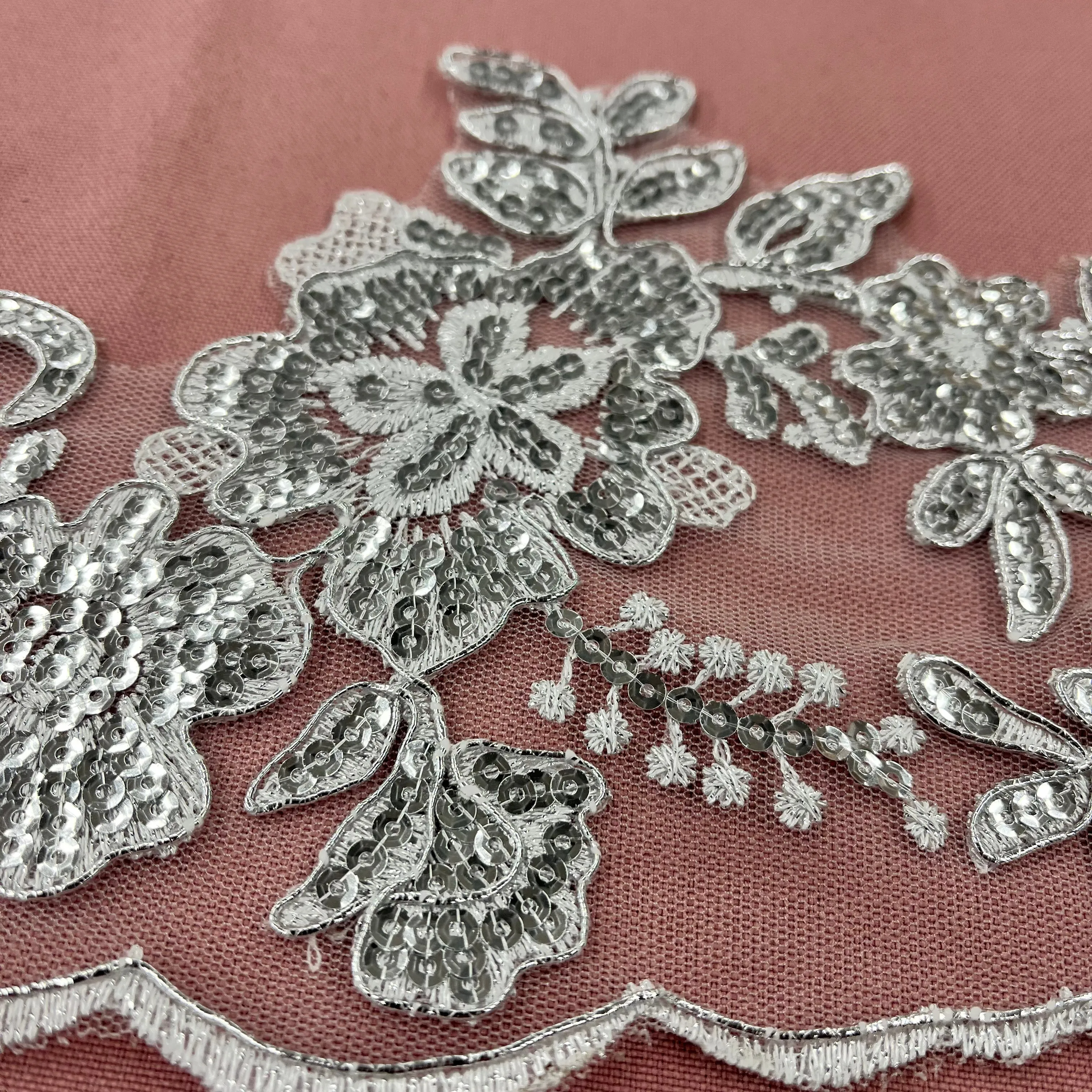 Beaded & Corded Floral Lace Trimming Embroidered on 100% Polyester Net Mesh | Lace USA - 97217W-SB
