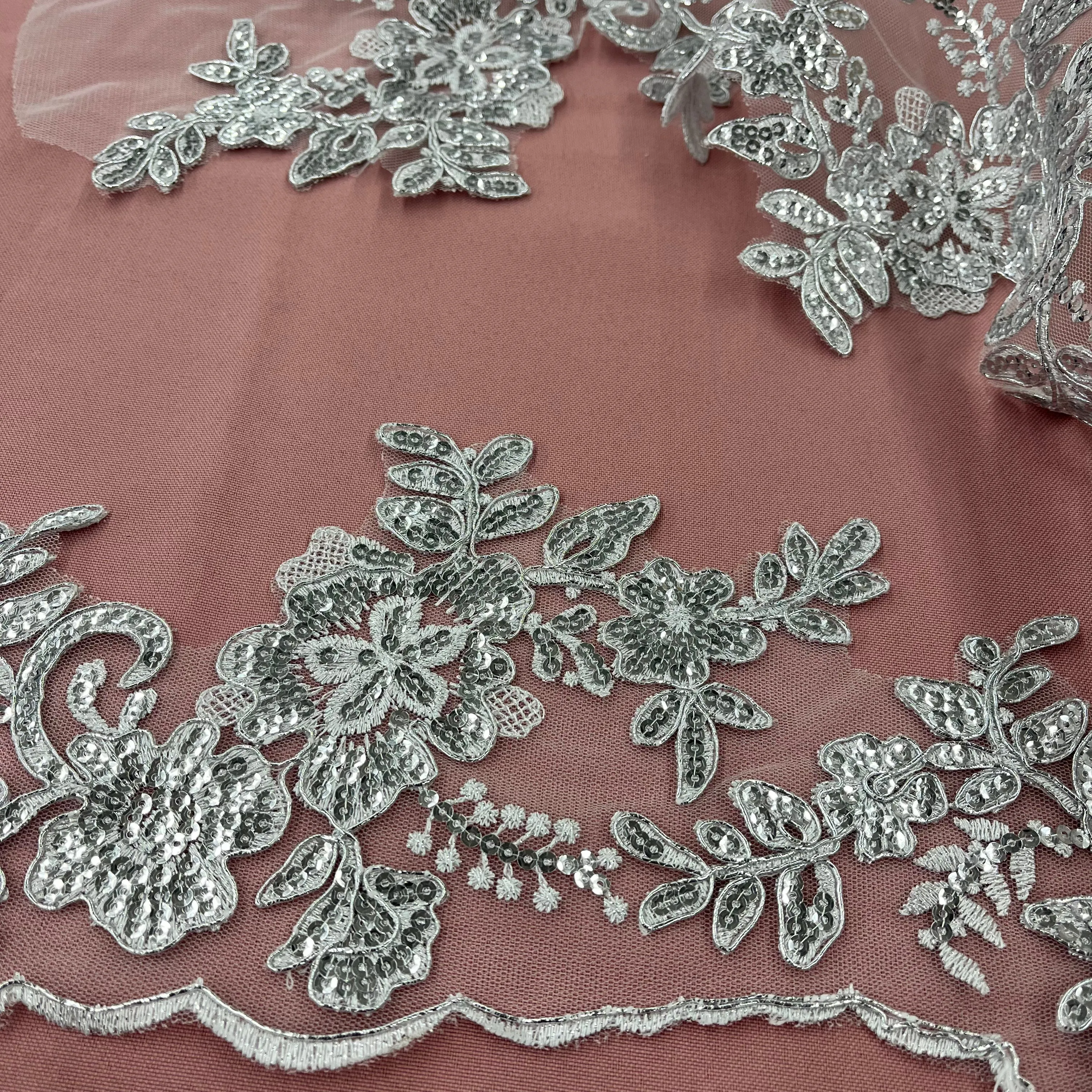 Beaded & Corded Floral Lace Trimming Embroidered on 100% Polyester Net Mesh | Lace USA - 97217W-SB