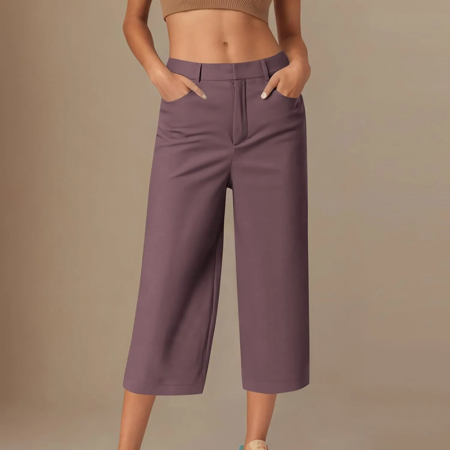 Capri Pants for Women Business Casual Loose Fit Work Cropped Trousers High Waisted Stretchy Capris with Pocket