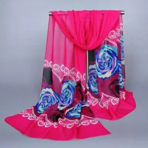 Chic Multicolor Big Flower Pattern Chiffon Scarf For Women - Rose