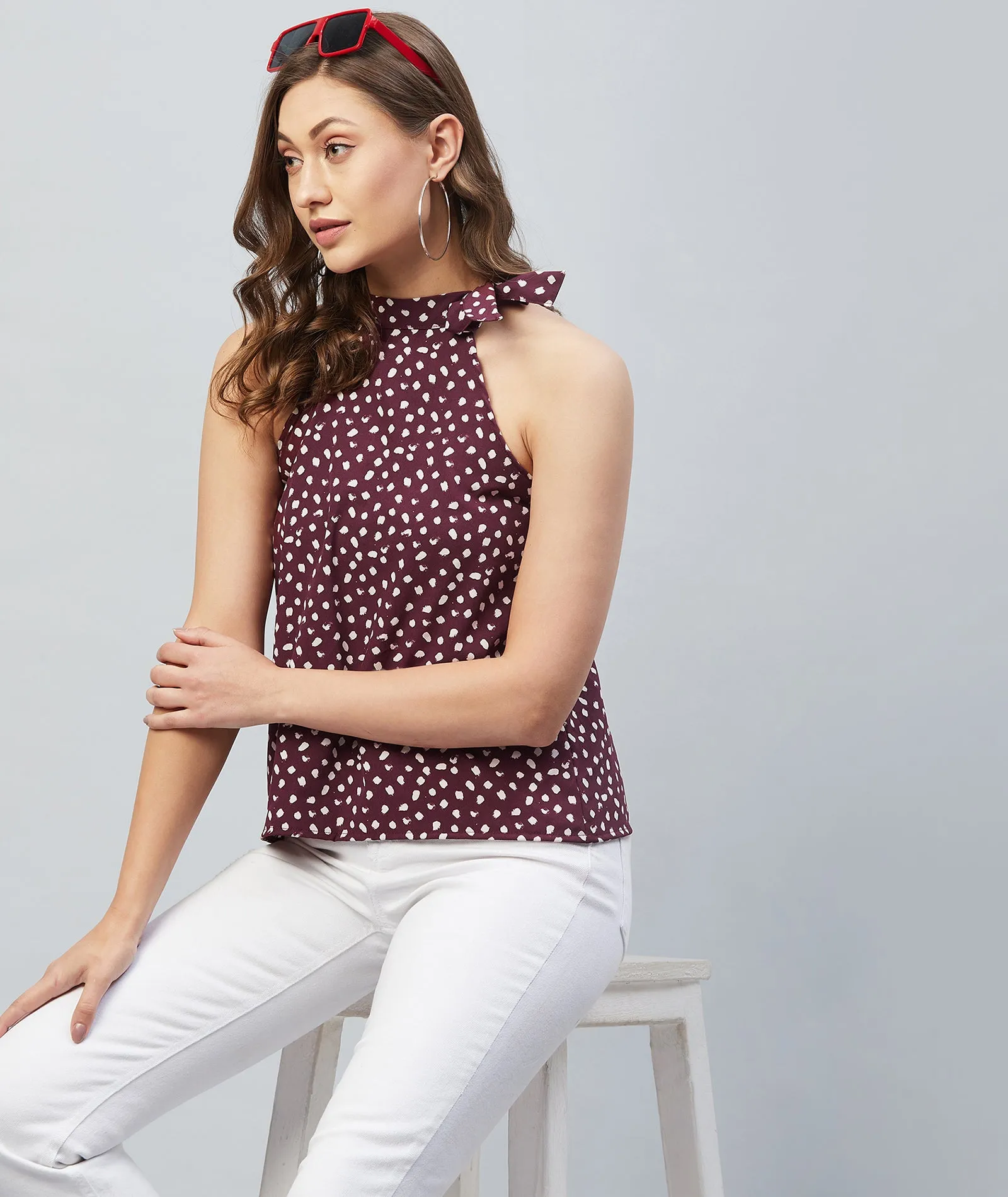 Chimpaaanzee Women Maroon Printed Tie up Neck Top