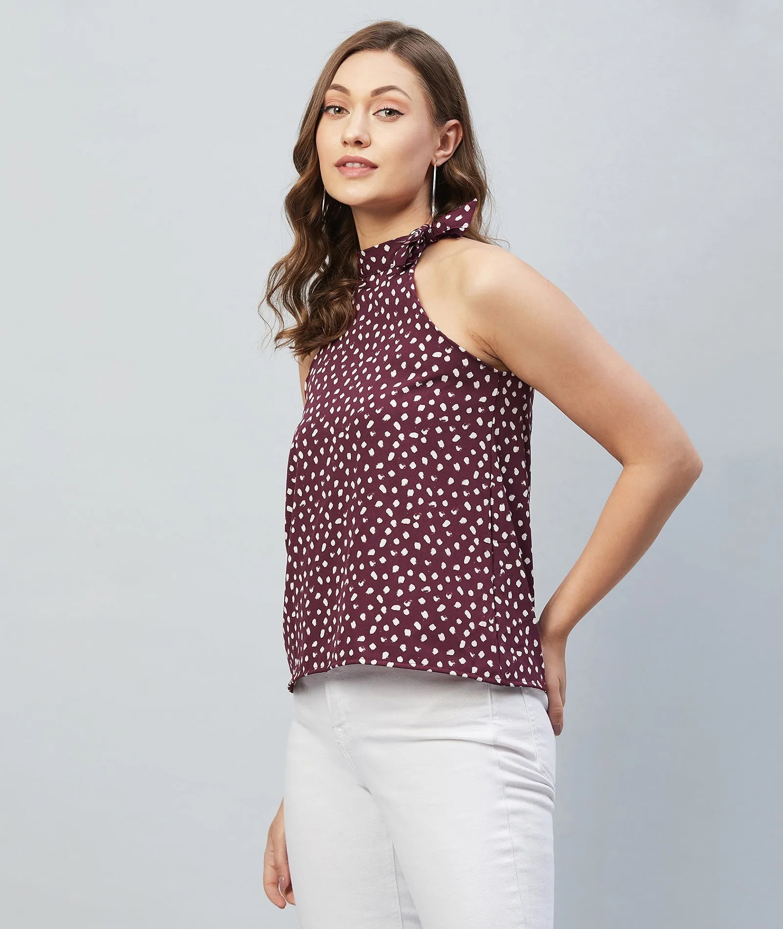 Chimpaaanzee Women Maroon Printed Tie up Neck Top