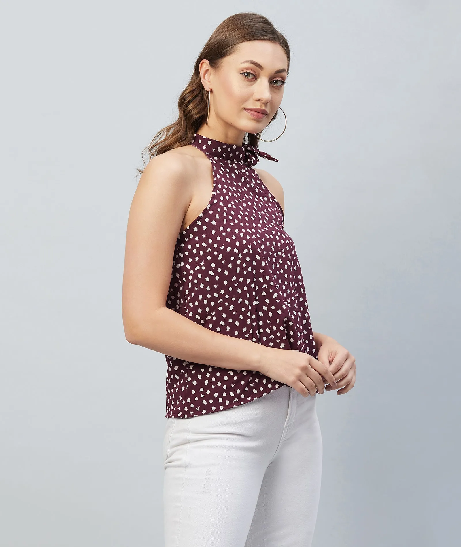 Chimpaaanzee Women Maroon Printed Tie up Neck Top