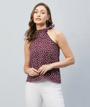 Chimpaaanzee Women Maroon Printed Tie up Neck Top