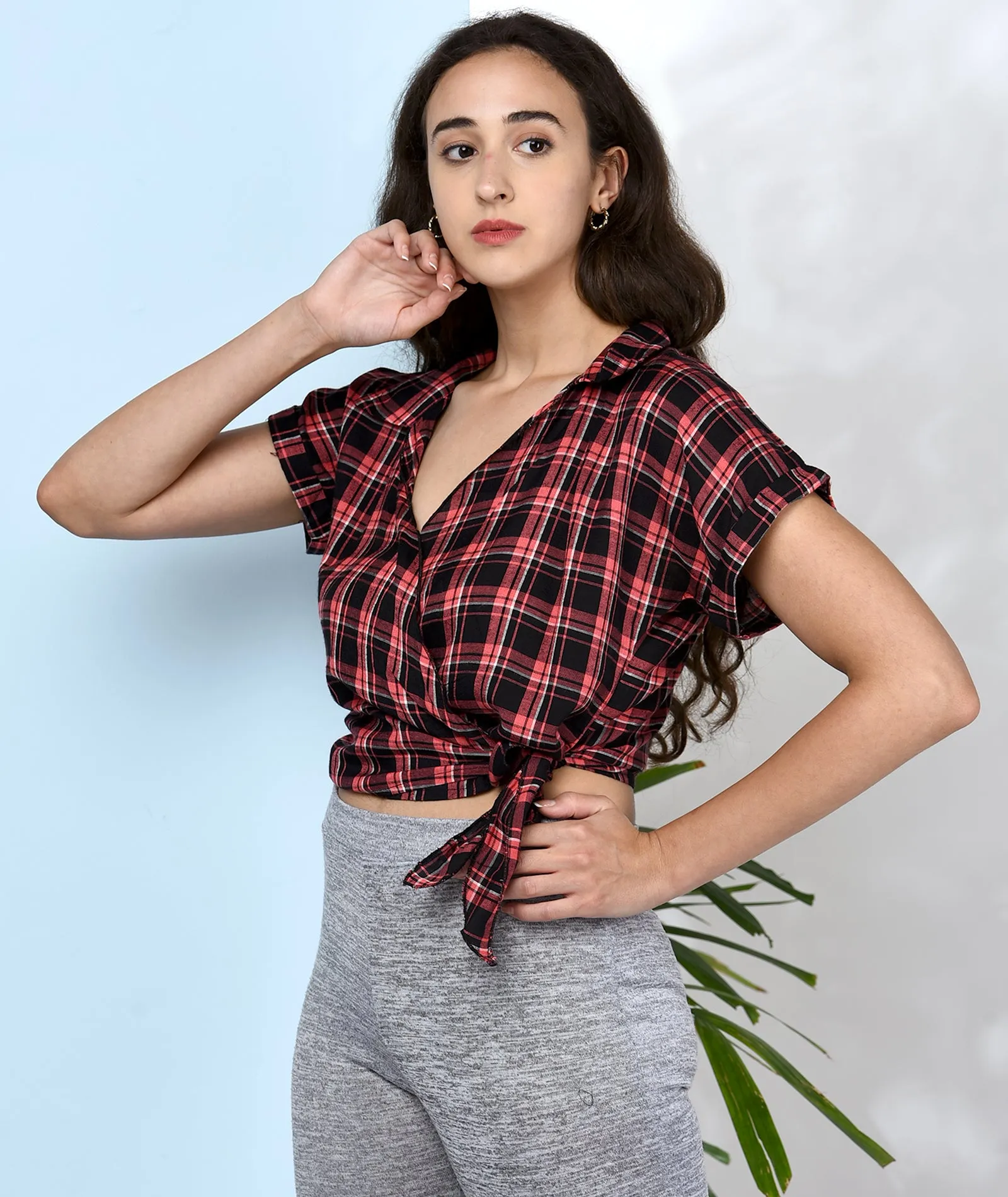 Chimpaaanzee Women Pink and Black Viscose Wrap Style Top