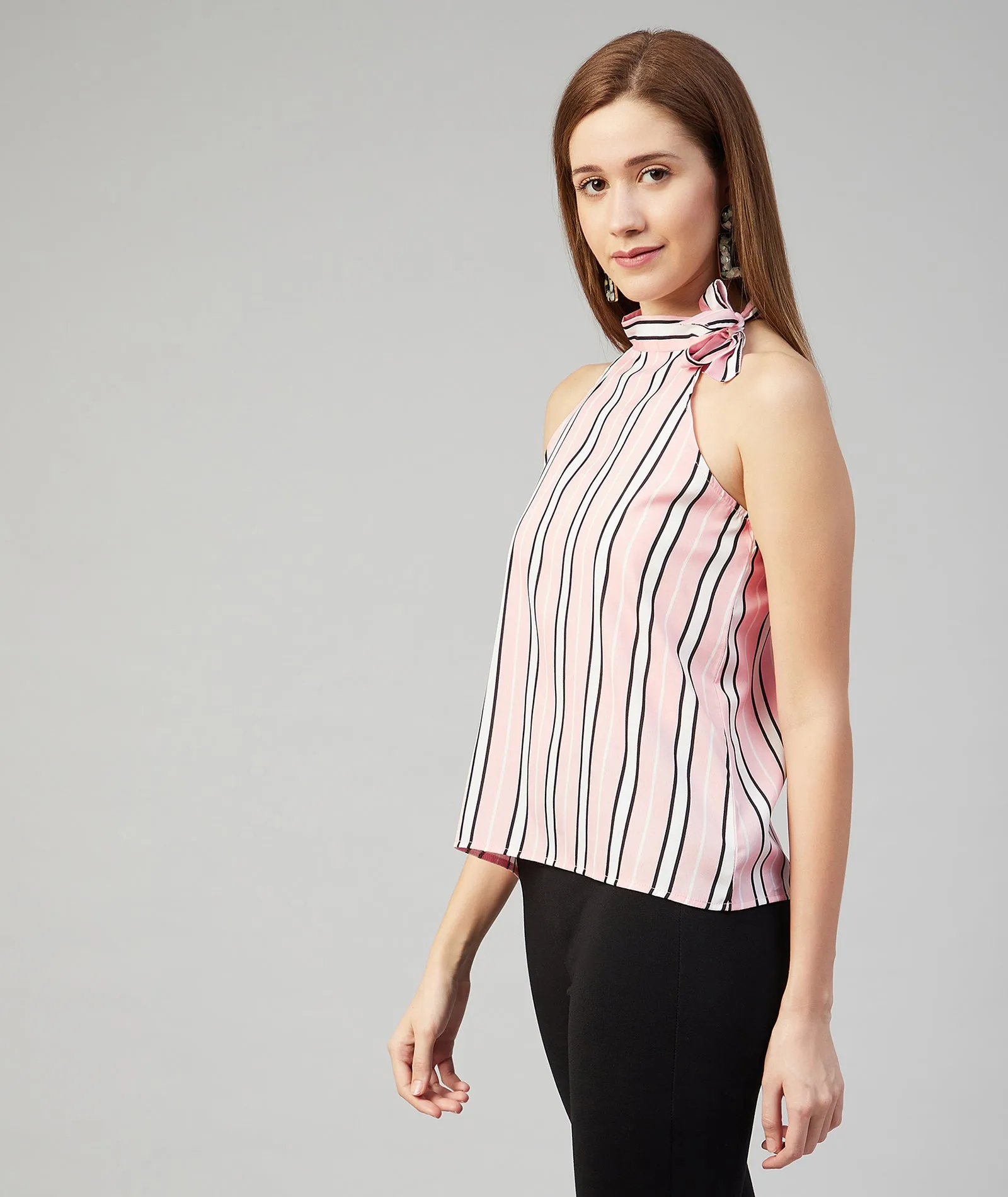 Chimpaaanzee Women Pink Striped Crepe Halter Neck Top