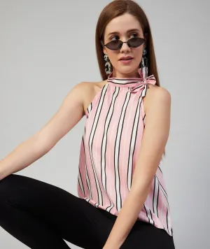 Chimpaaanzee Women Pink Striped Crepe Halter Neck Top