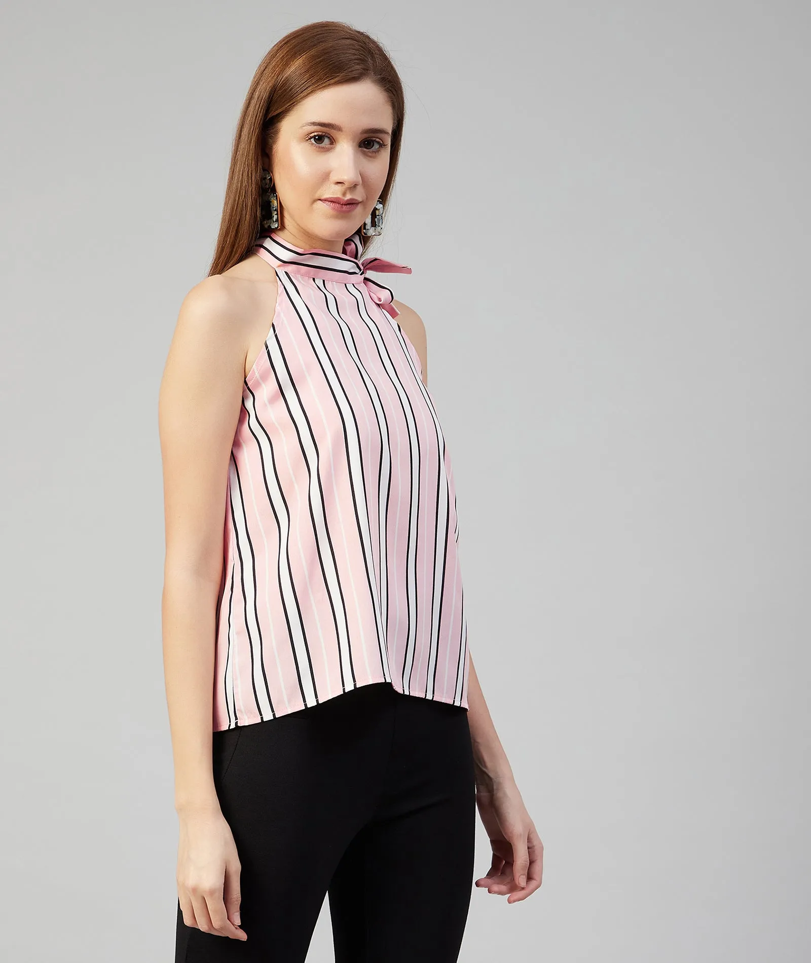 Chimpaaanzee Women Pink Striped Crepe Halter Neck Top