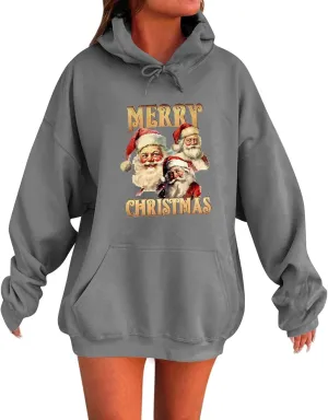 Christmas Oversized Hoodies For Women Trendy Winter Sweatshirts Drop Shoulder Drawstring Pullover Hoodie With Pocket