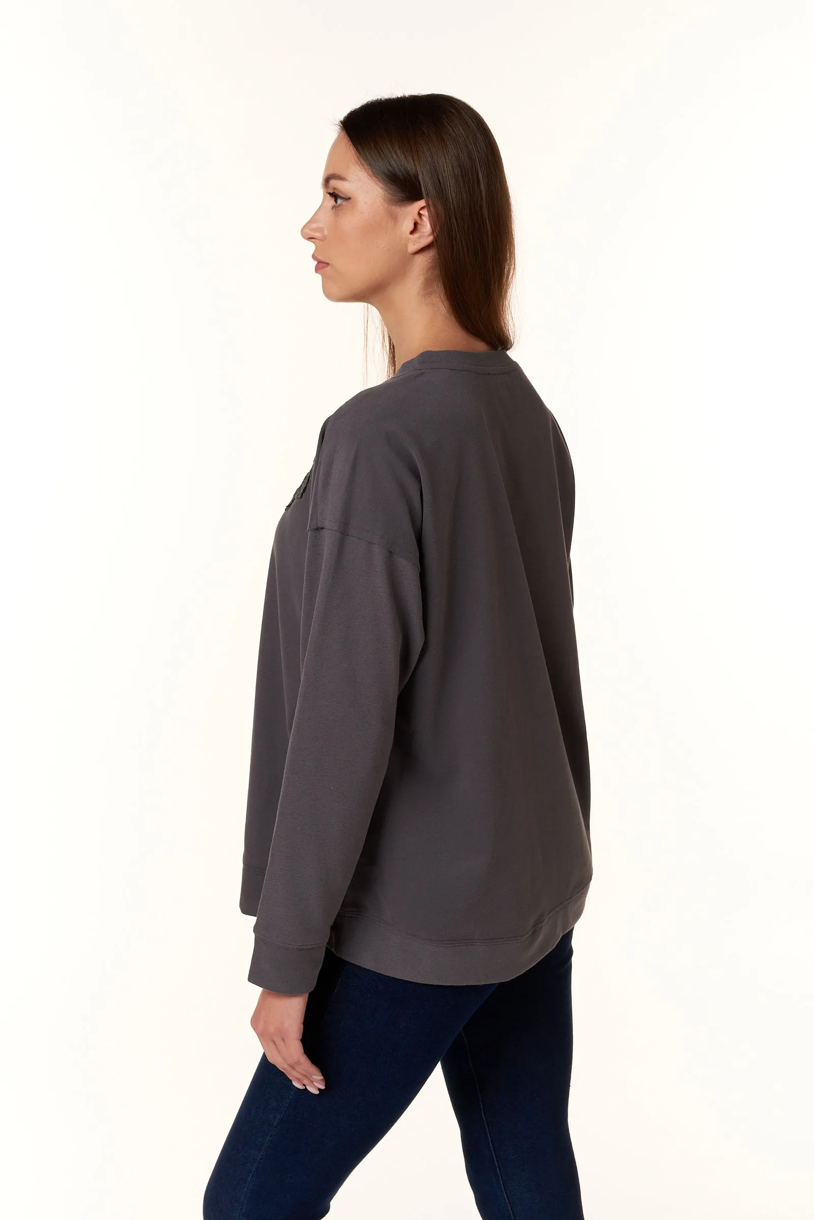 Cotton Terry, Lace Pullover Sweatshirt in charcoal