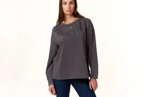 Cotton Terry, Lace Pullover Sweatshirt in charcoal