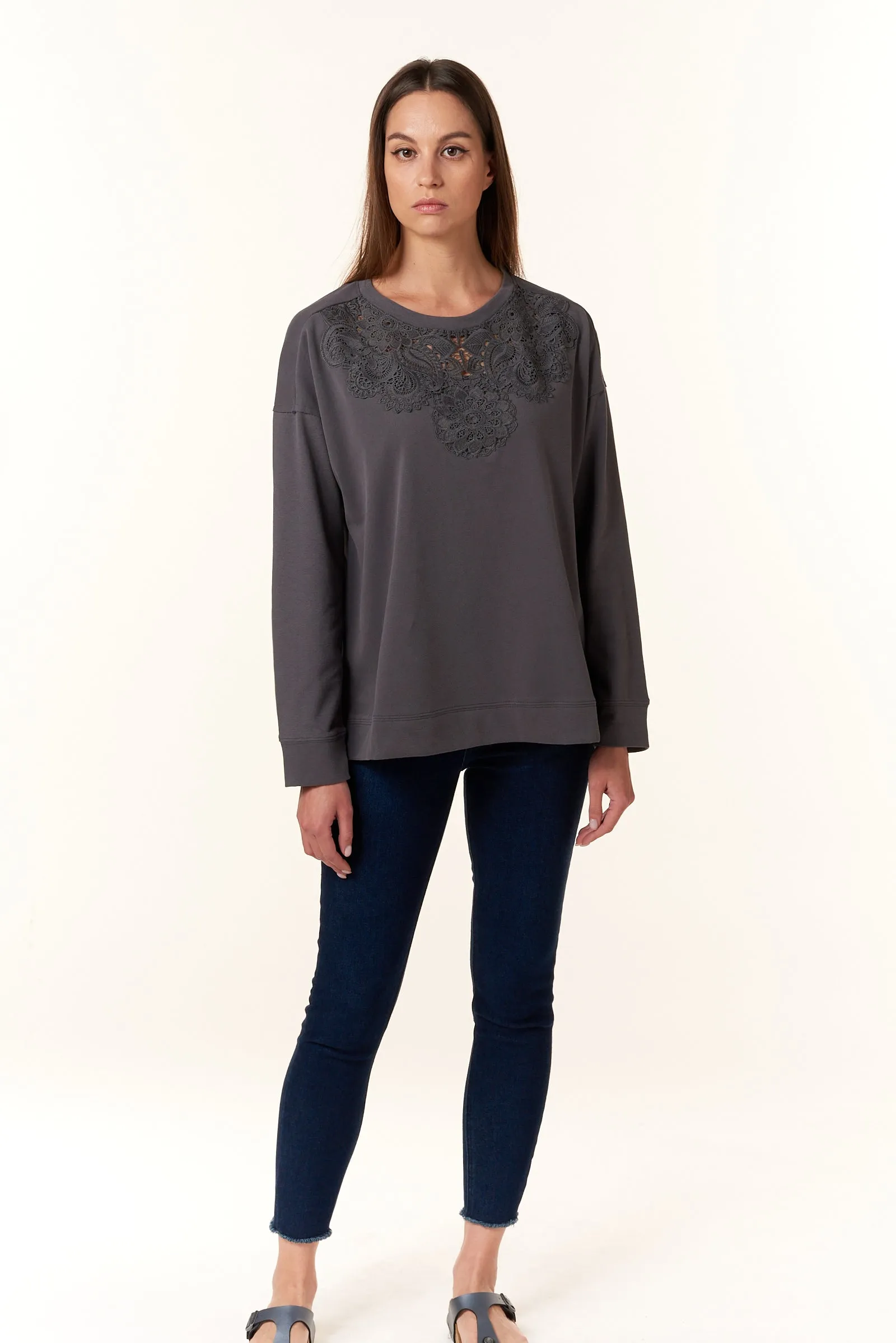 Cotton Terry, Lace Pullover Sweatshirt in charcoal