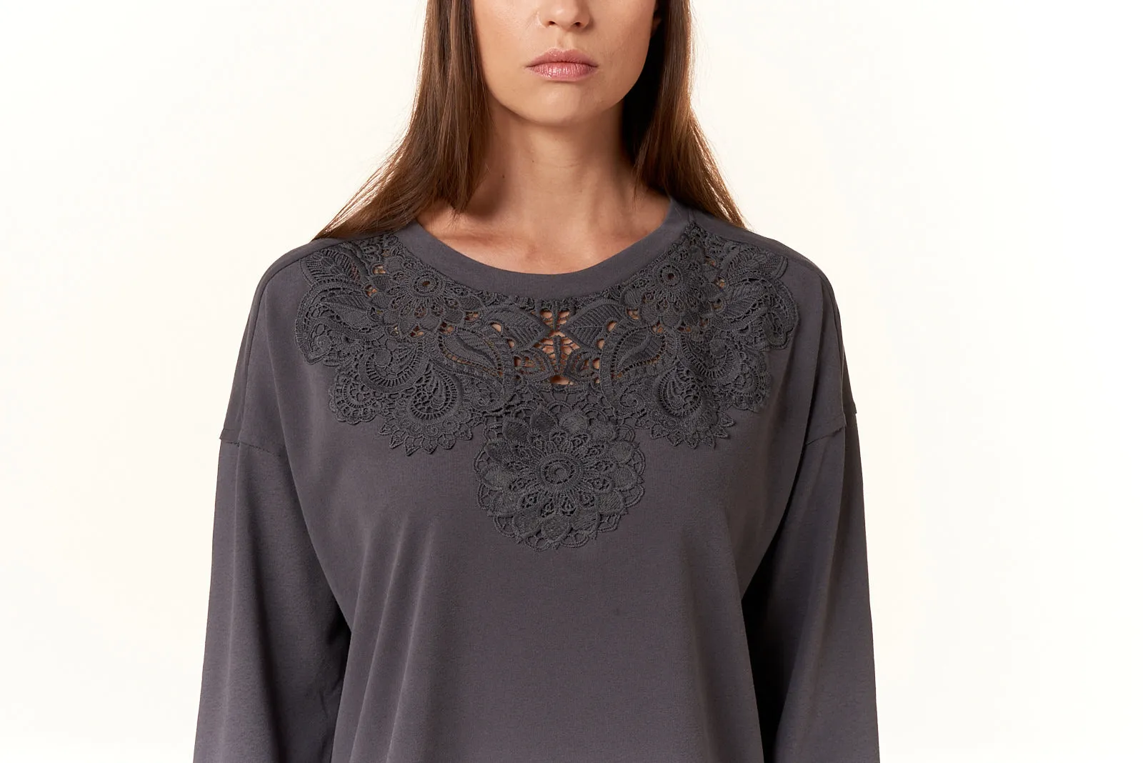 Cotton Terry, Lace Pullover Sweatshirt in charcoal