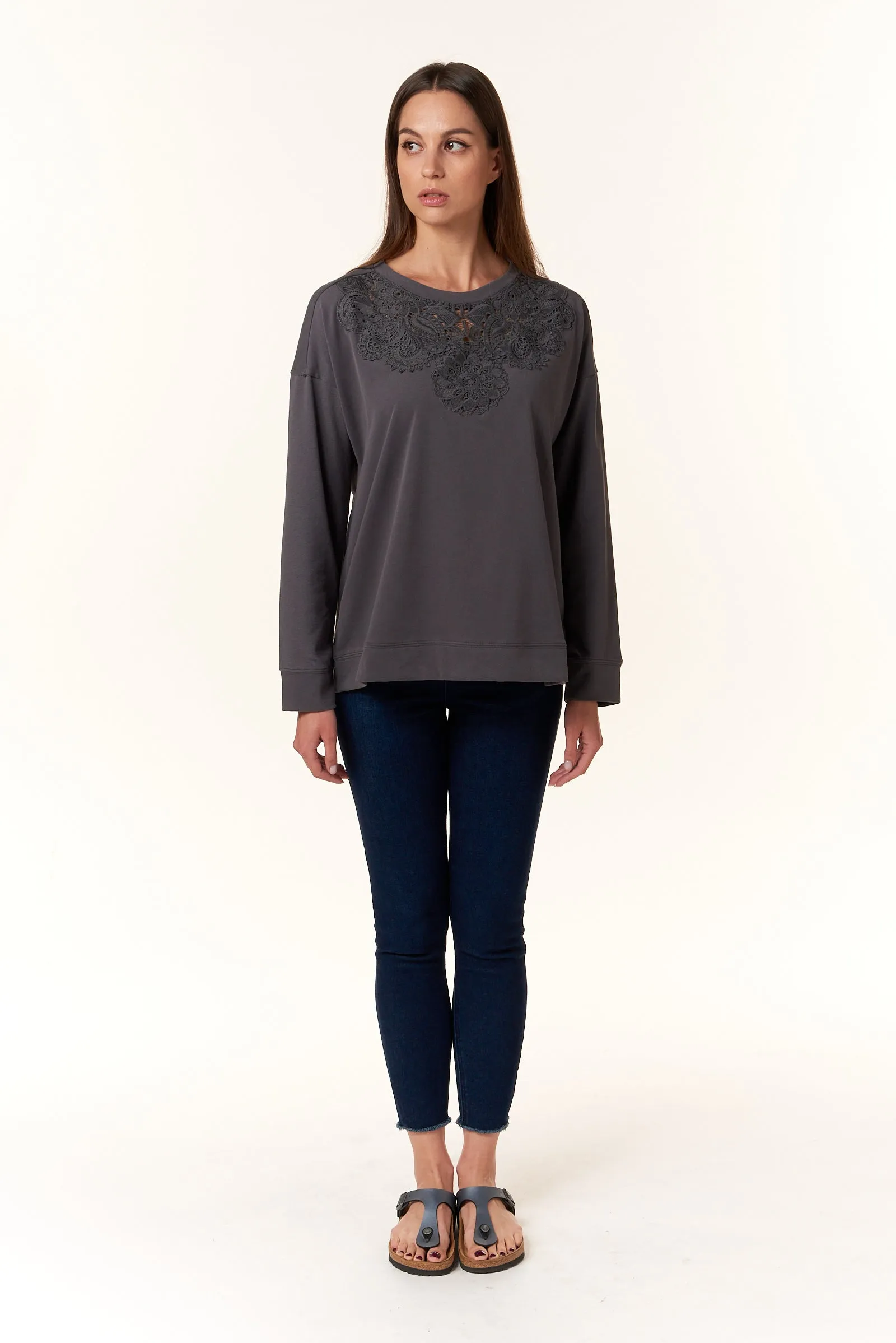 Cotton Terry, Lace Pullover Sweatshirt in charcoal