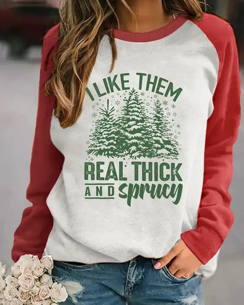 Cozy Christmas Tree & Letter Print Long Sleeve Raglan Sweatshirt