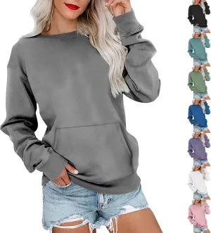 Crewneck Sweatshirts Women Fleece Sweatshirt with Pocket Long Sleeve Shirts Hoodies Pullover Cute Sweaters Tops
