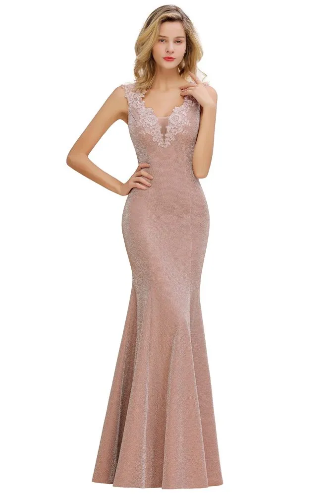 Elegant Mermaid Evening Party Dress Sleeveless V-neck Silk Slim Prom Gown