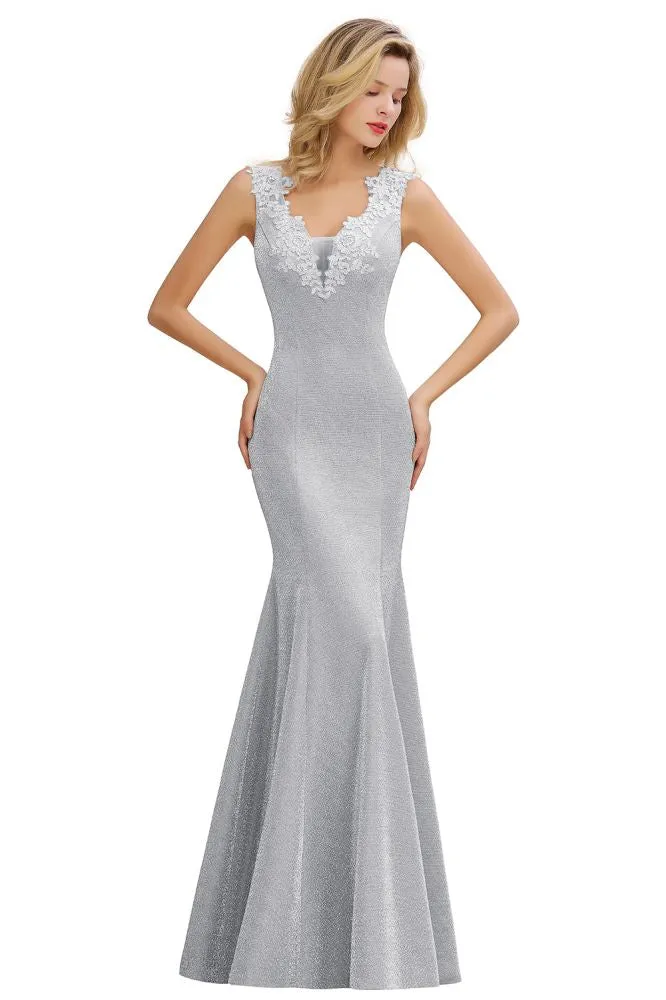 Elegant Mermaid Evening Party Dress Sleeveless V-neck Silk Slim Prom Gown
