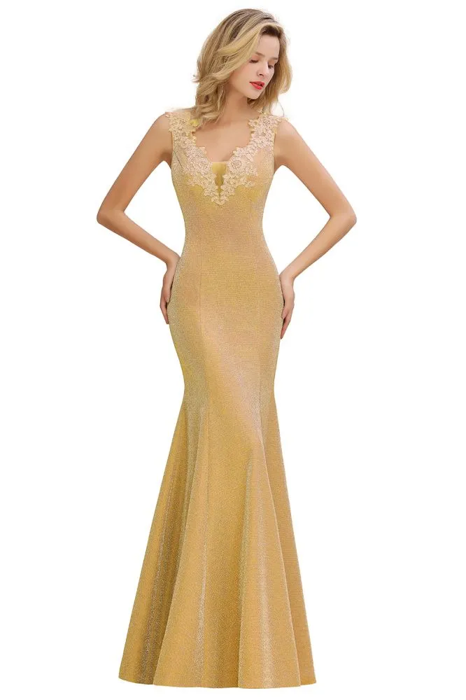 Elegant Mermaid Evening Party Dress Sleeveless V-neck Silk Slim Prom Gown