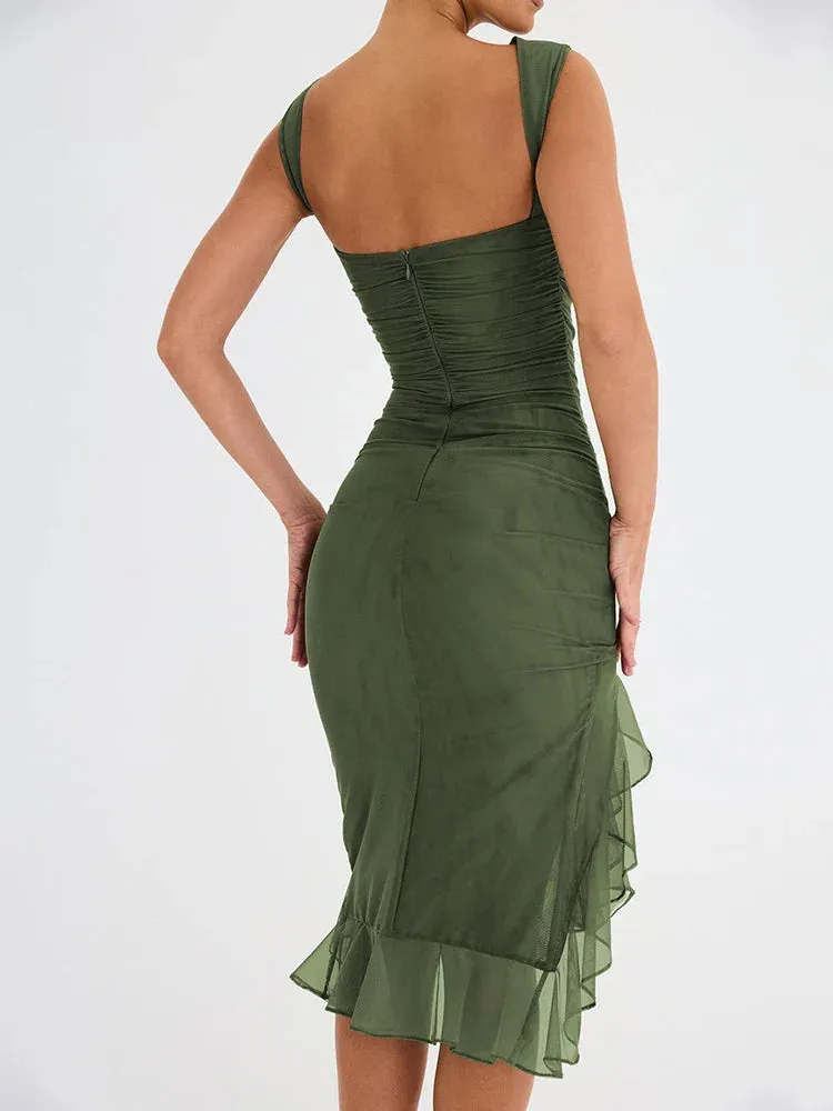 Elegant Ruffle Ruched Backless Maxi Dress