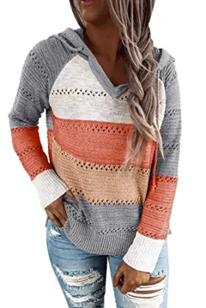 FEKOAFE Womens Causal Striped Color Block Long Sleeve Hoodies Pullover Clearance Gray Fall Sweaters L