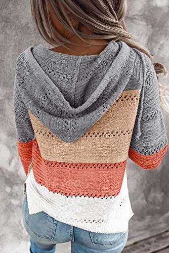 FEKOAFE Womens Causal Striped Color Block Long Sleeve Hoodies Pullover Clearance Gray Fall Sweaters L