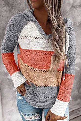 FEKOAFE Womens Causal Striped Color Block Long Sleeve Hoodies Pullover Clearance Gray Fall Sweaters L