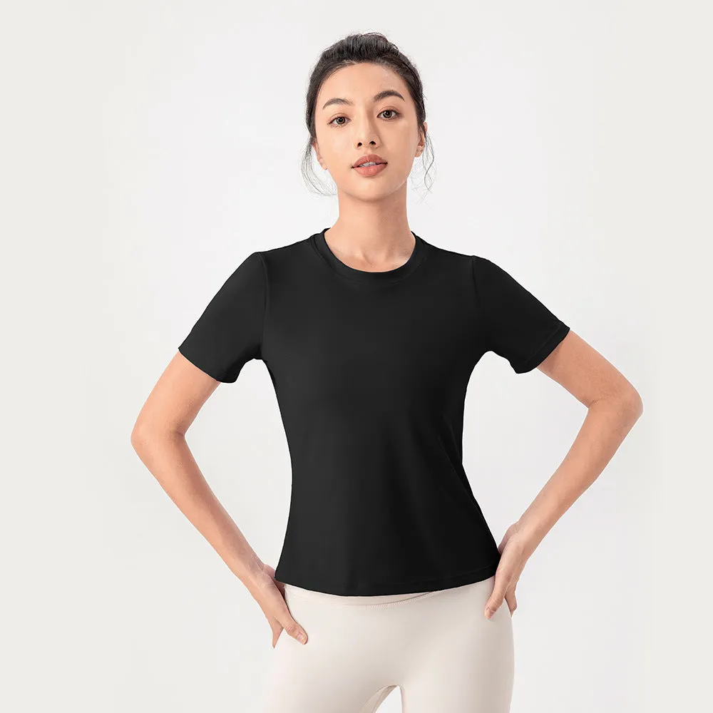 Fine Yarn Women Summer Yoga Short Sleeve Nude Feel Breathable Running Top Loose Fitness T Shirt