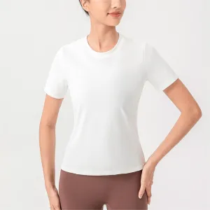 Fine Yarn Women Summer Yoga Short Sleeve Nude Feel Breathable Running Top Loose Fitness T Shirt