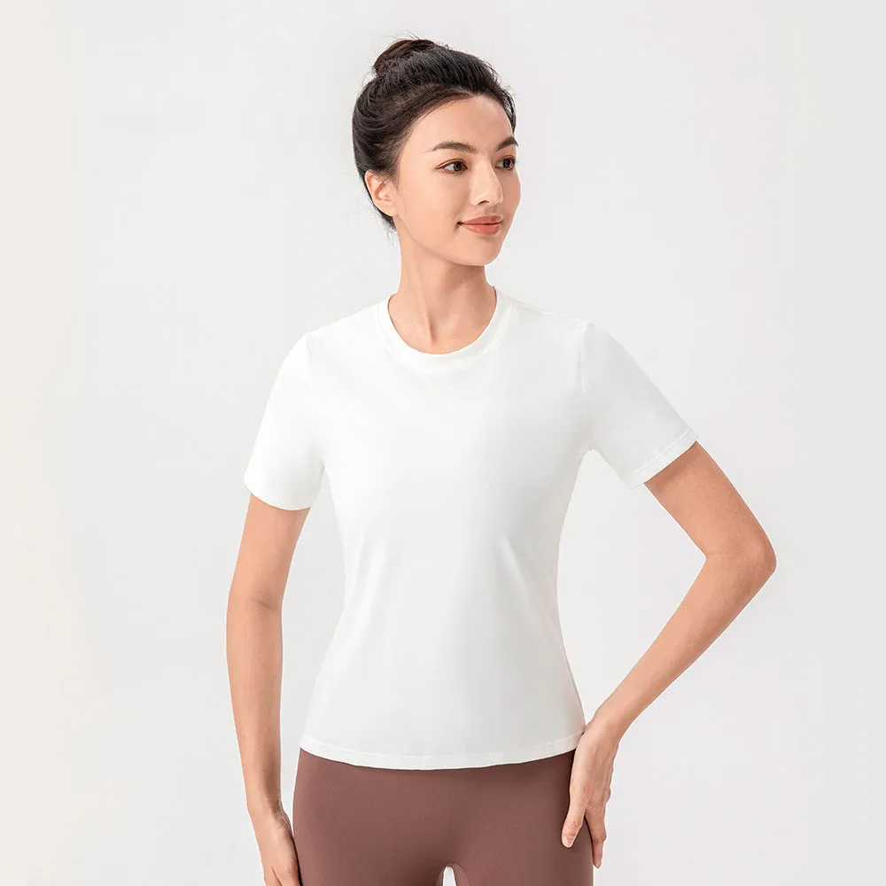 Fine Yarn Women Summer Yoga Short Sleeve Nude Feel Breathable Running Top Loose Fitness T Shirt