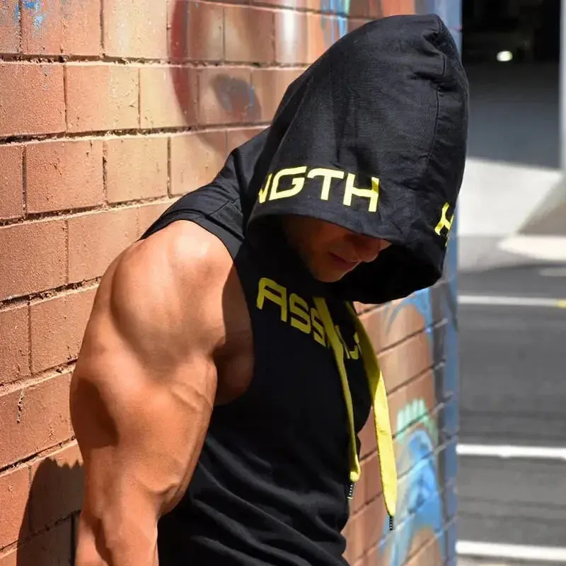 Fitness Running Basketball Sport Tank Top Men Hooded Drawstring Printed Letter Loose Casual Sleeveless Quick Dry Breathable Vest