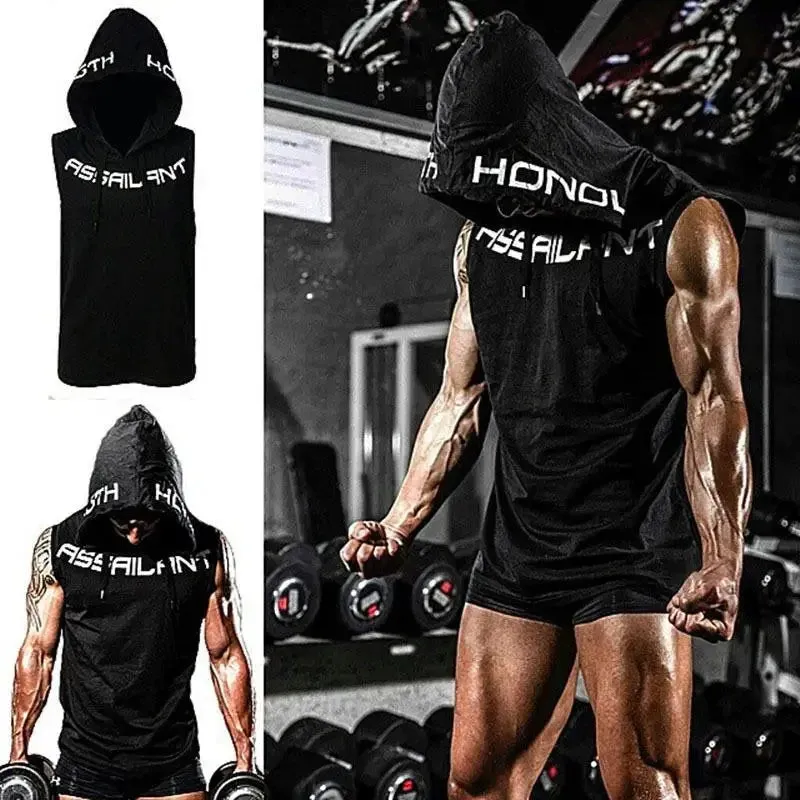 Fitness Running Basketball Sport Tank Top Men Hooded Drawstring Printed Letter Loose Casual Sleeveless Quick Dry Breathable Vest