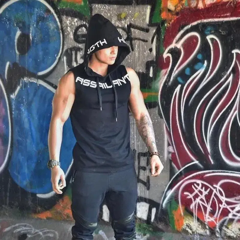 Fitness Running Basketball Sport Tank Top Men Hooded Drawstring Printed Letter Loose Casual Sleeveless Quick Dry Breathable Vest