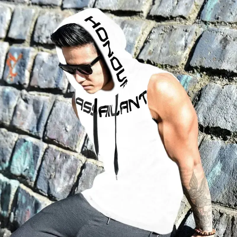 Fitness Running Basketball Sport Tank Top Men Hooded Drawstring Printed Letter Loose Casual Sleeveless Quick Dry Breathable Vest