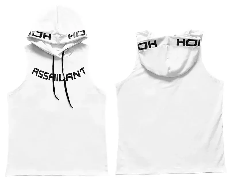 Fitness Running Basketball Sport Tank Top Men Hooded Drawstring Printed Letter Loose Casual Sleeveless Quick Dry Breathable Vest